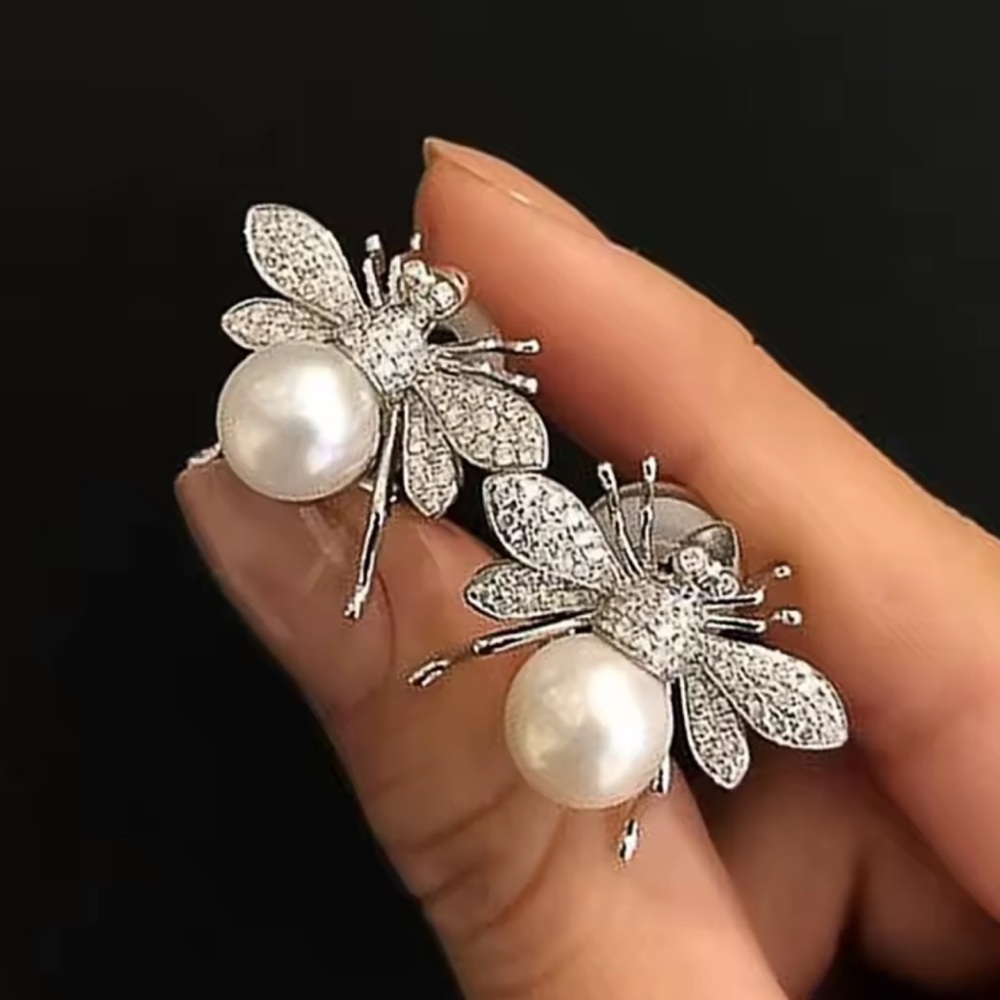 Vintage Pearl Bee Earrings Sparkling Crystal Detail